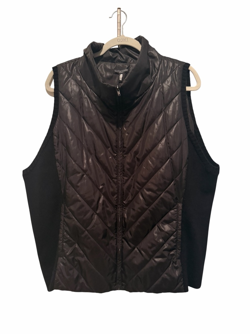 Eileen Fisher Black Quilted W/ Merino Wool Side Panels Stand Up Collar 1X